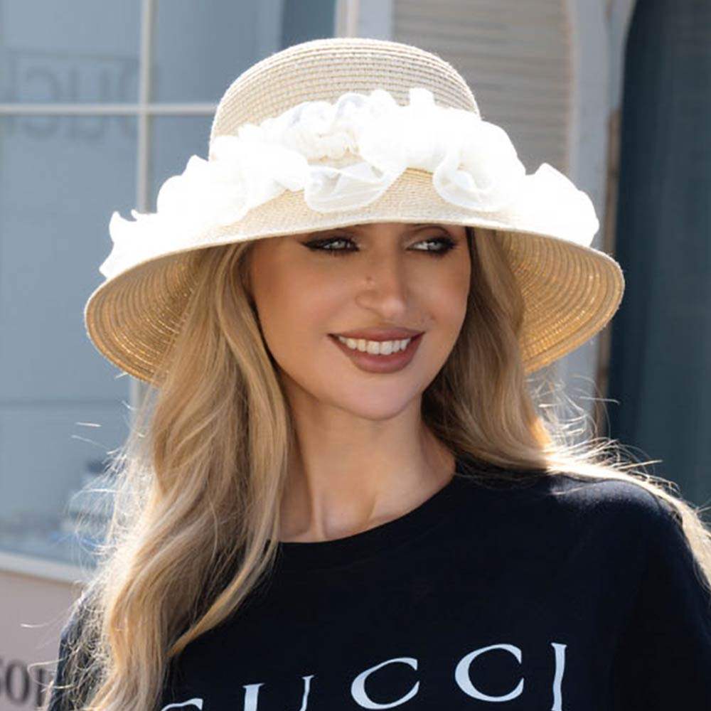 Floral Trim Straw Sun Hat - Madeline Love - Flyclothing LLC