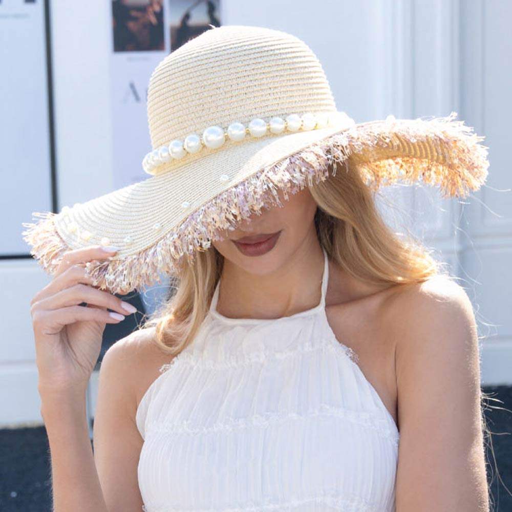 Pearl Trim Band Frayed Edge Wide Brim Straw Sun Hat - Madeline Love - Flyclothing LLC