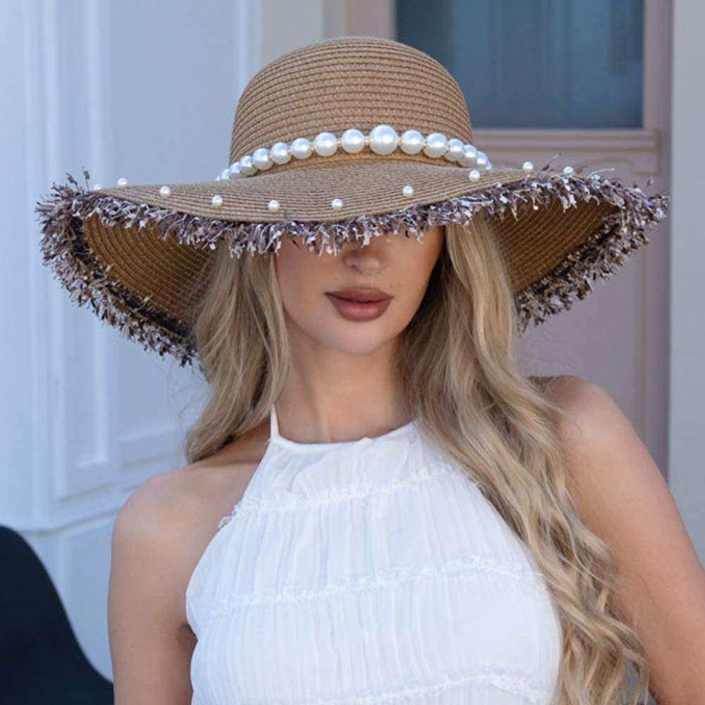 Pearl Trim Band Frayed Edge Wide Brim Straw Sun Hat - Madeline Love - Flyclothing LLC