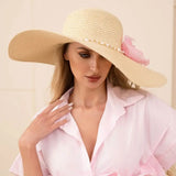 Oversized Flower Accent Pearl Link Band Wide Brim Straw Sun Hat - Madeline Love - Flyclothing LLC