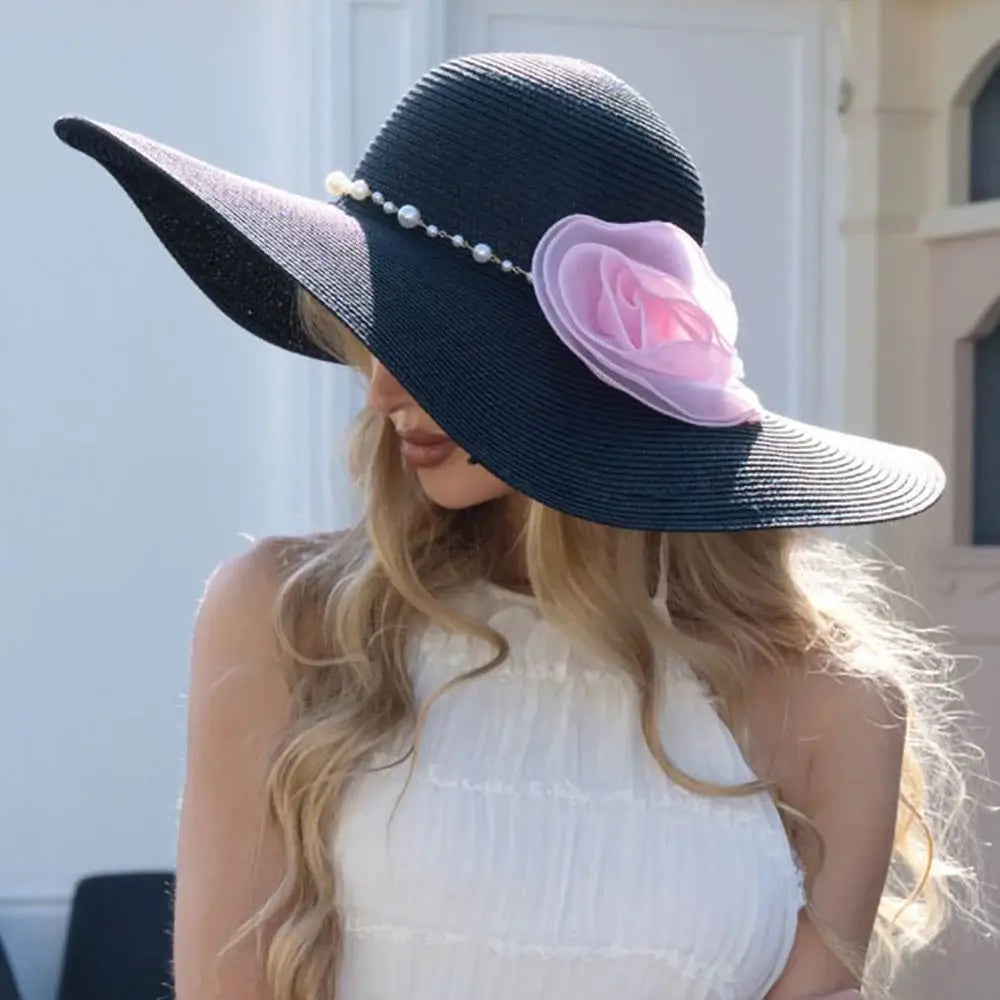Oversized Flower Accent Pearl Link Band Wide Brim Straw Sun Hat - Madeline Love - Flyclothing LLC