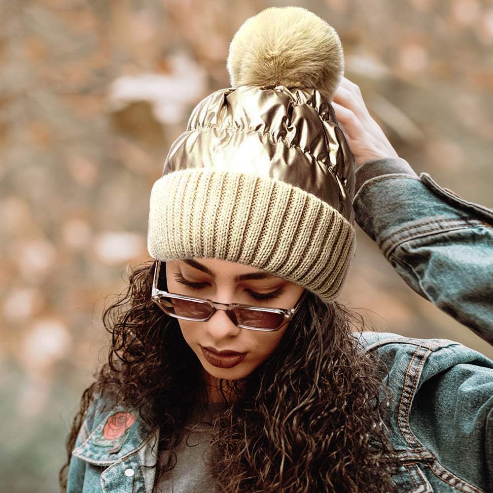 Fleece Lining Puffer Knit Pom Pom Beanie Hat - Madeline Love - Flyclothing LLC