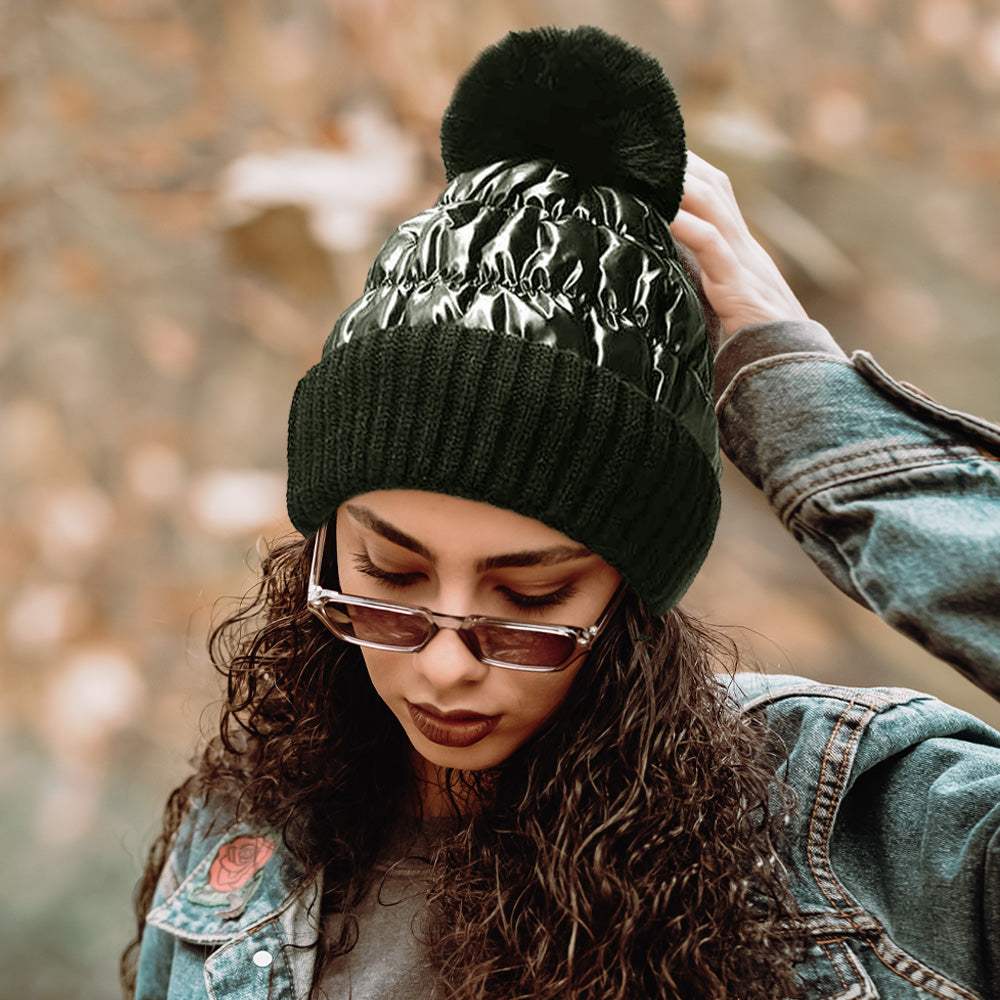 Fleece Lining Puffer Knit Pom Pom Beanie Hat - Madeline Love - Flyclothing LLC