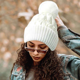 Fleece Lining Puffer Knit Pom Pom Beanie Hat - Madeline Love - Flyclothing LLC