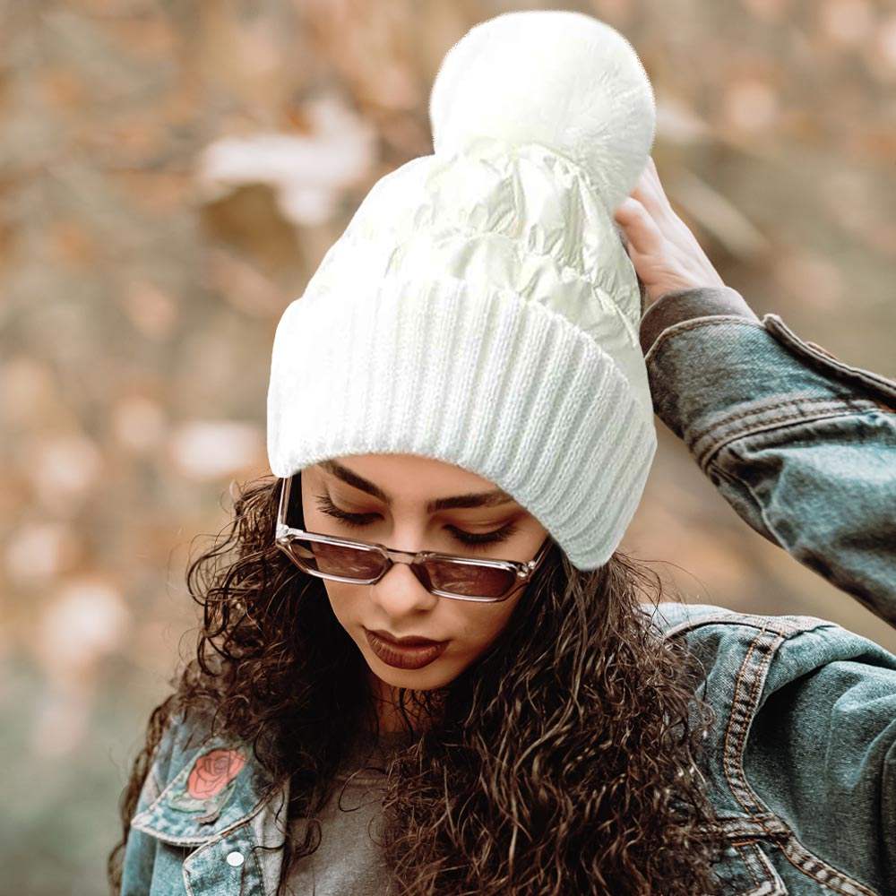 Fleece Lining Puffer Knit Pom Pom Beanie Hat - Madeline Love - Flyclothing LLC