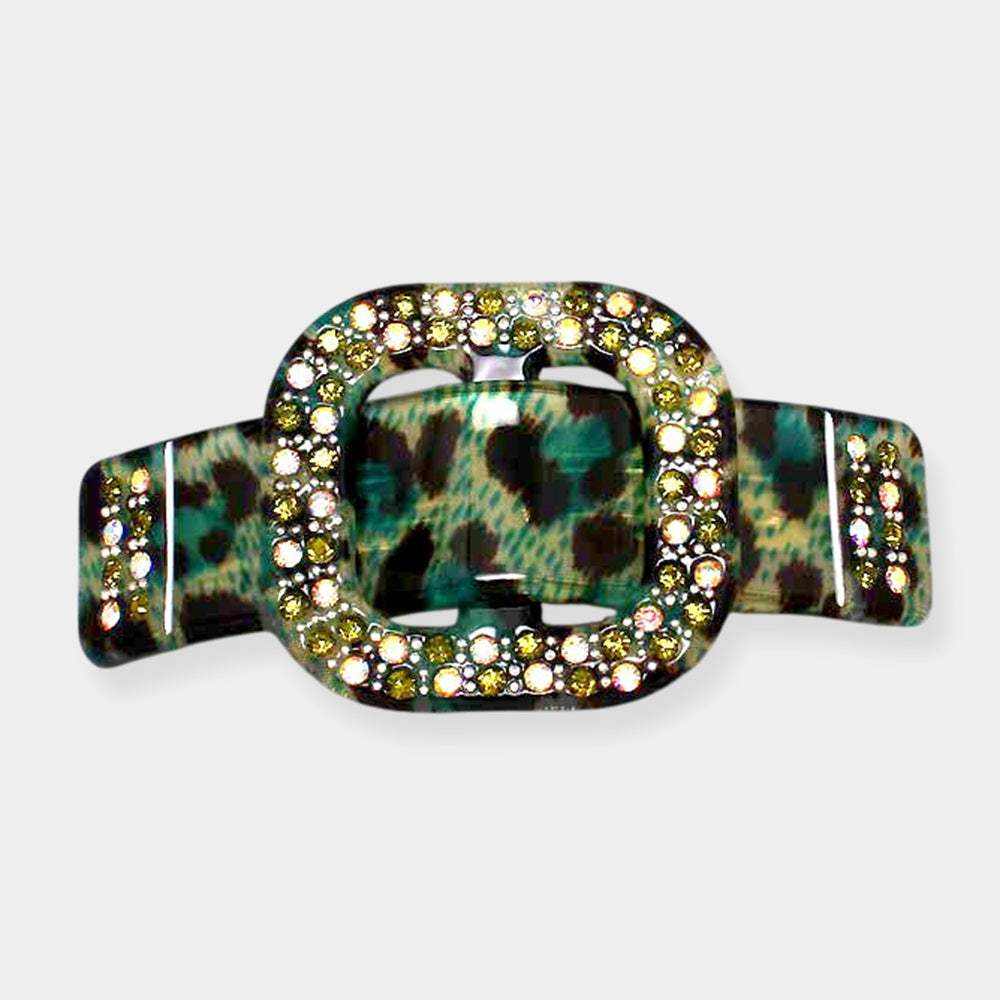 Rhinestone Buckle Leopard Print Resin Hair Barrette - Madeline Love - Flyclothing LLC