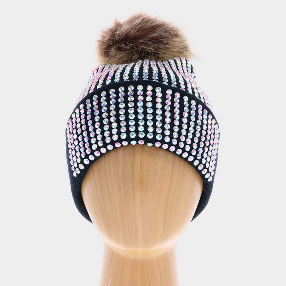 Double Layer Bedazzled Cuffed Pom Pom Beanie Hat - Madeline Love - Flyclothing LLC
