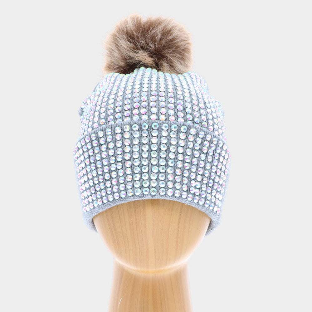 Double Layer Bedazzled Cuffed Pom Pom Beanie Hat - Madeline Love - Flyclothing LLC