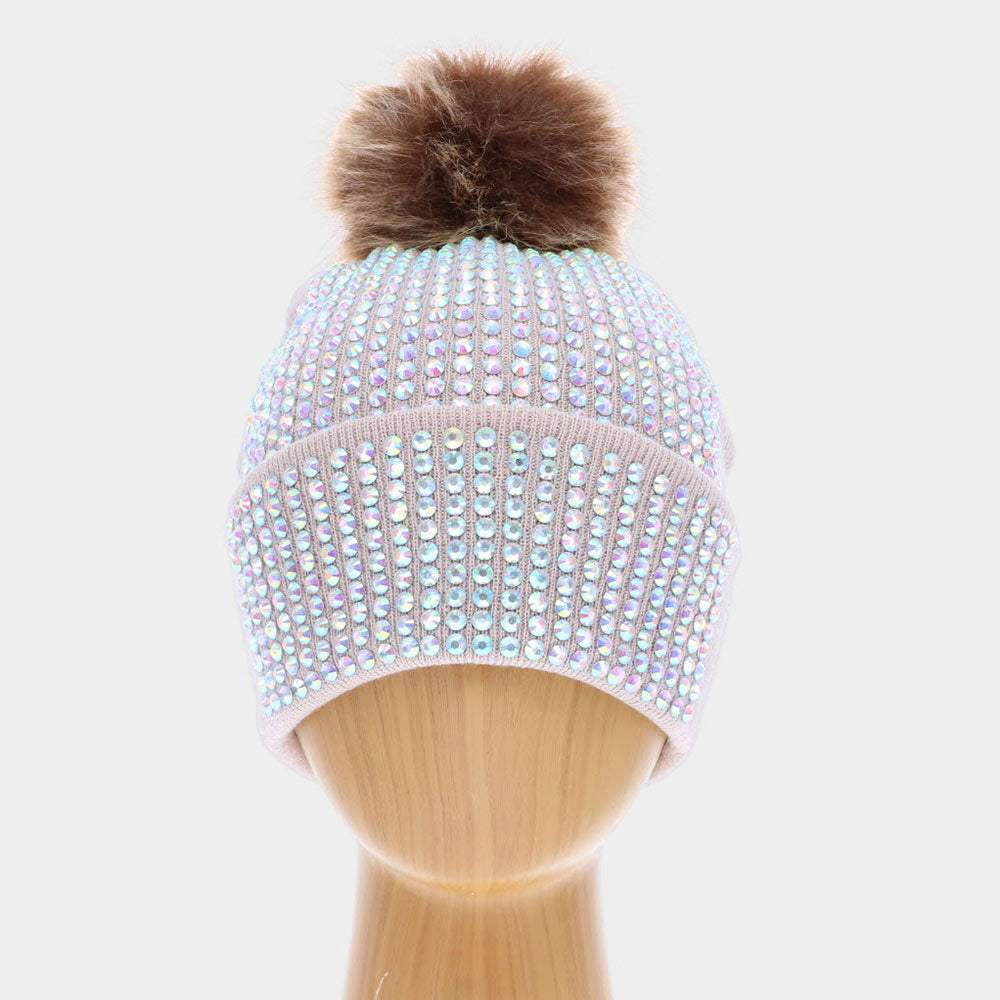 Double Layer Bedazzled Cuffed Pom Pom Beanie Hat - Madeline Love - Flyclothing LLC