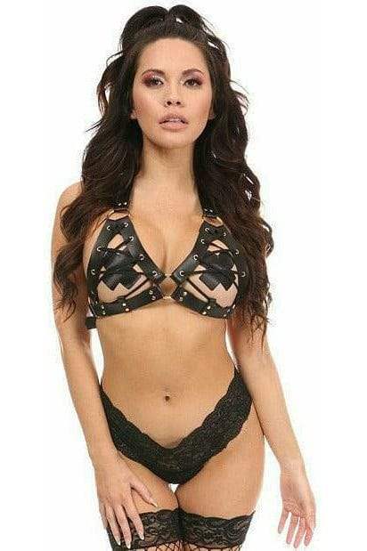 Daisy Corsets Black/Gold Faux Leather Lace-Up Bra Top - Daisy Corsets - Flyclothing LLC