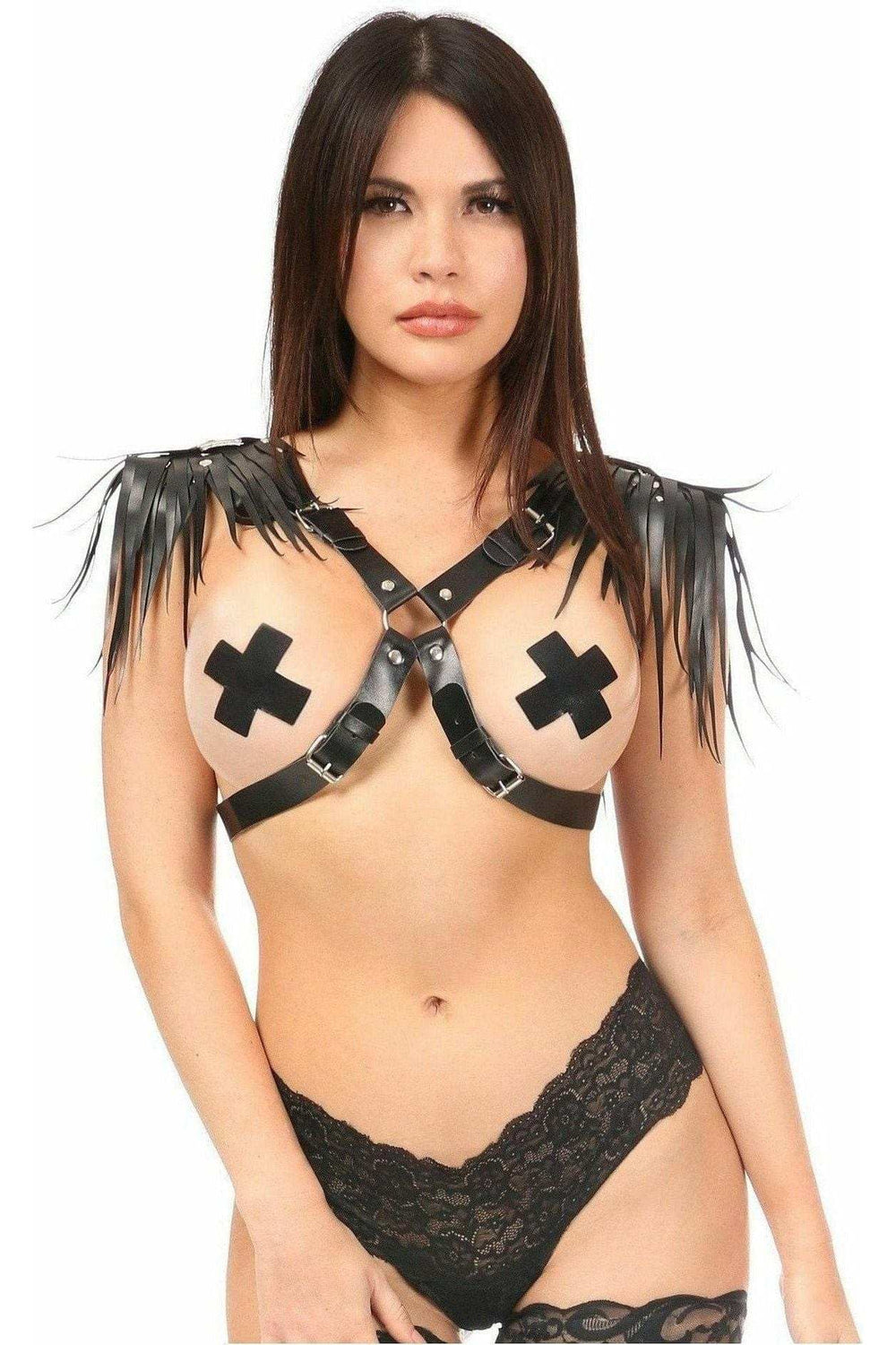 Daisy Corsets Black Vegan Leather Body Harness w/Shoulder Fringe - Daisy Corsets - Flyclothing LLC