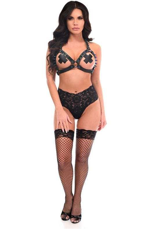 Daisy Corsets Black Vegan Leather & Blue Metallic Spikes Body Harness - Daisy Corsets - Flyclothing LLC