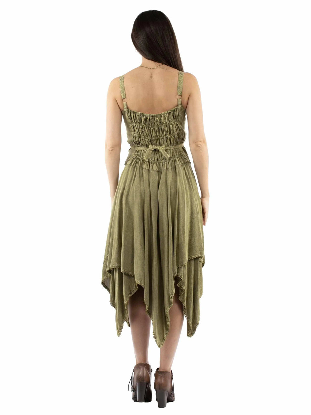 Honey Creek 100% rayon Olive Emb.dress w/handkerchief bottom - Scully Leather - Flyclothing LLC