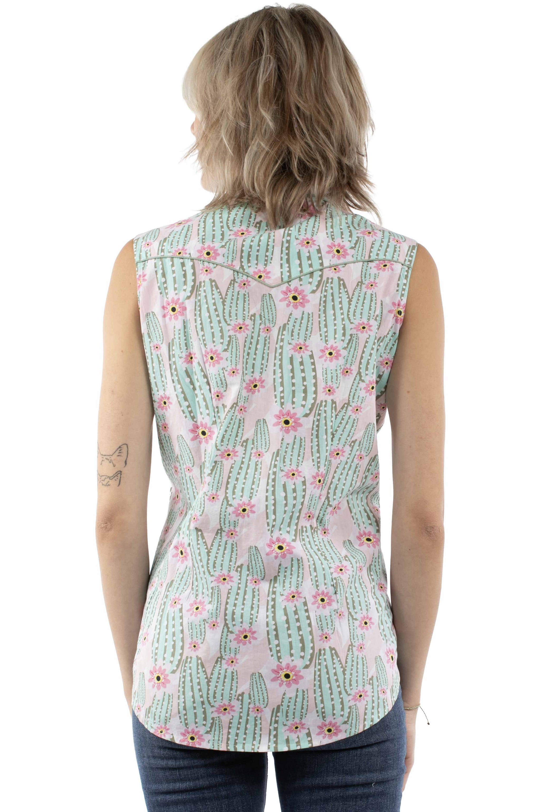 Scully Leather Pink Sleeveless Top Cactus Print - HC1004-PIN - Scully Leather - Flyclothing LLC