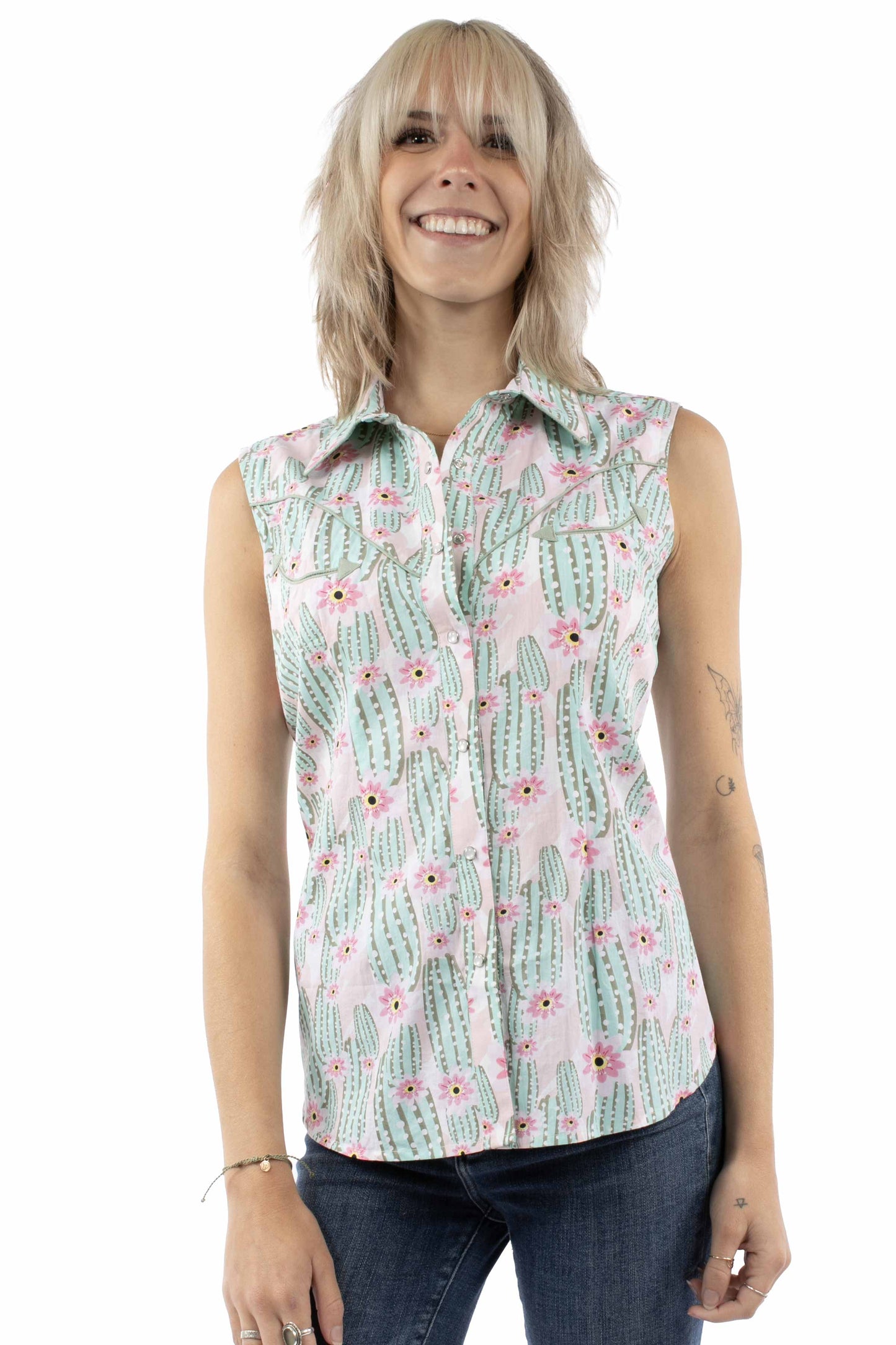 Scully Leather Pink Sleeveless Top Cactus Print - HC1004-PIN - Scully Leather - Flyclothing LLC