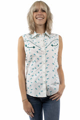 Scully Leather White Sleeveless Top Teal Horses Print - HC1006-WHT - Scully Leather - Flyclothing LLC