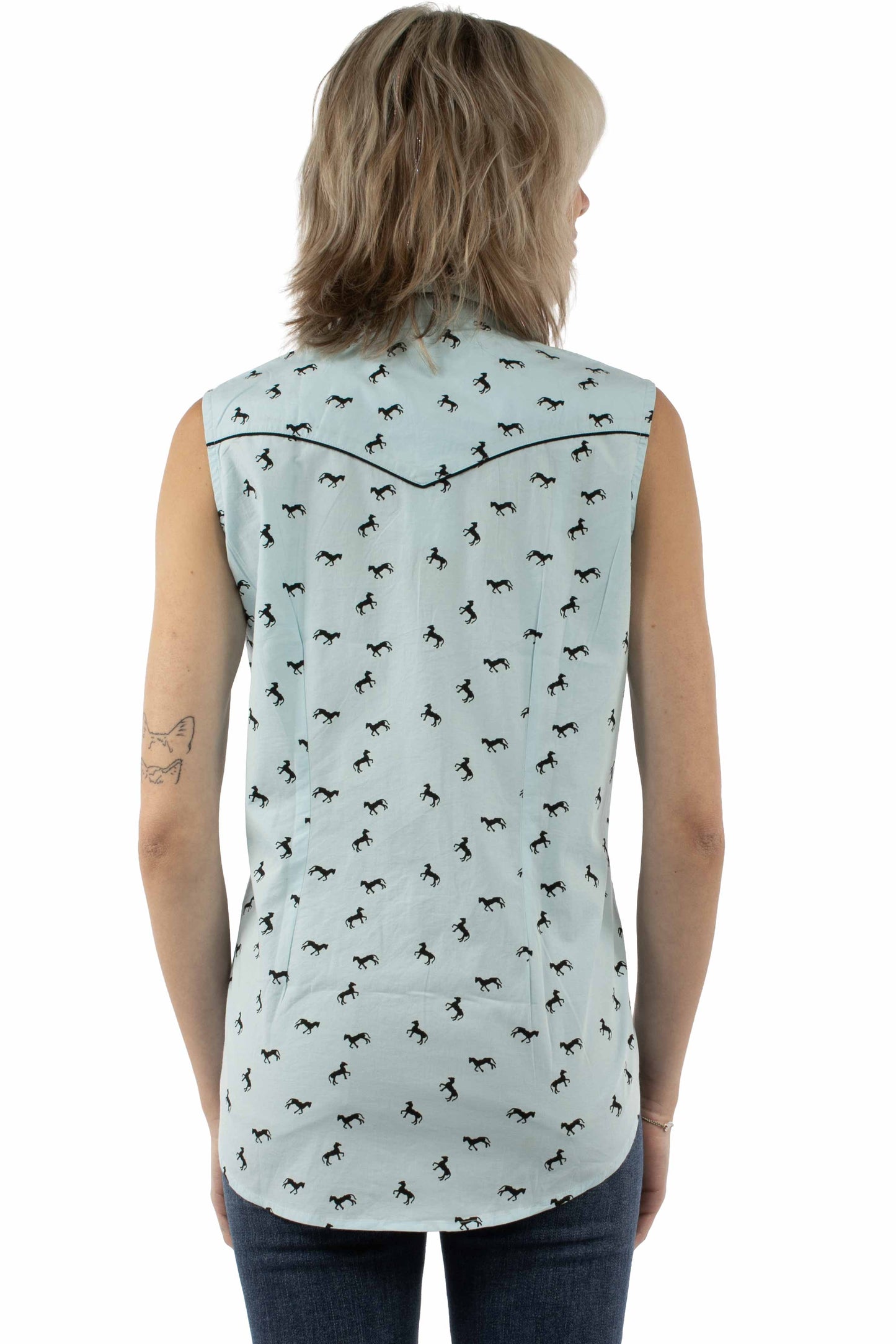 Scully Leather Light Blue Sleeveless Top Black Horses Print - HC1007-LBL - Scully Leather - Flyclothing LLC