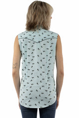 Scully Leather Light Blue Sleeveless Top Black Horses Print - HC1007-LBL - Scully Leather - Flyclothing LLC