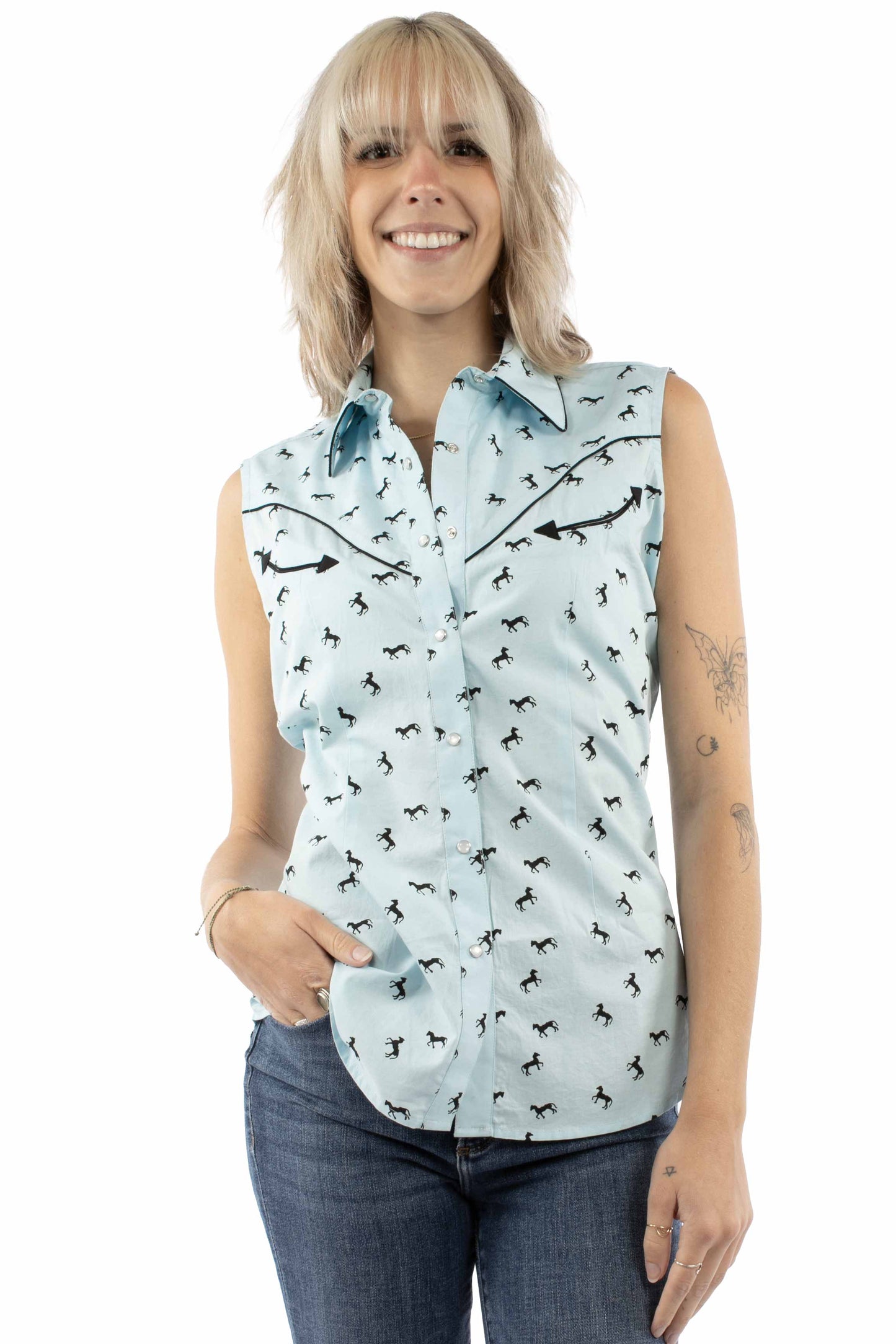 Scully Leather Light Blue Sleeveless Top Black Horses Print - HC1007-LBL - Scully Leather - Flyclothing LLC