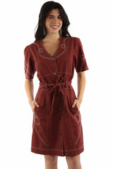 Scully Brown Emb. Button Front Belted Dress