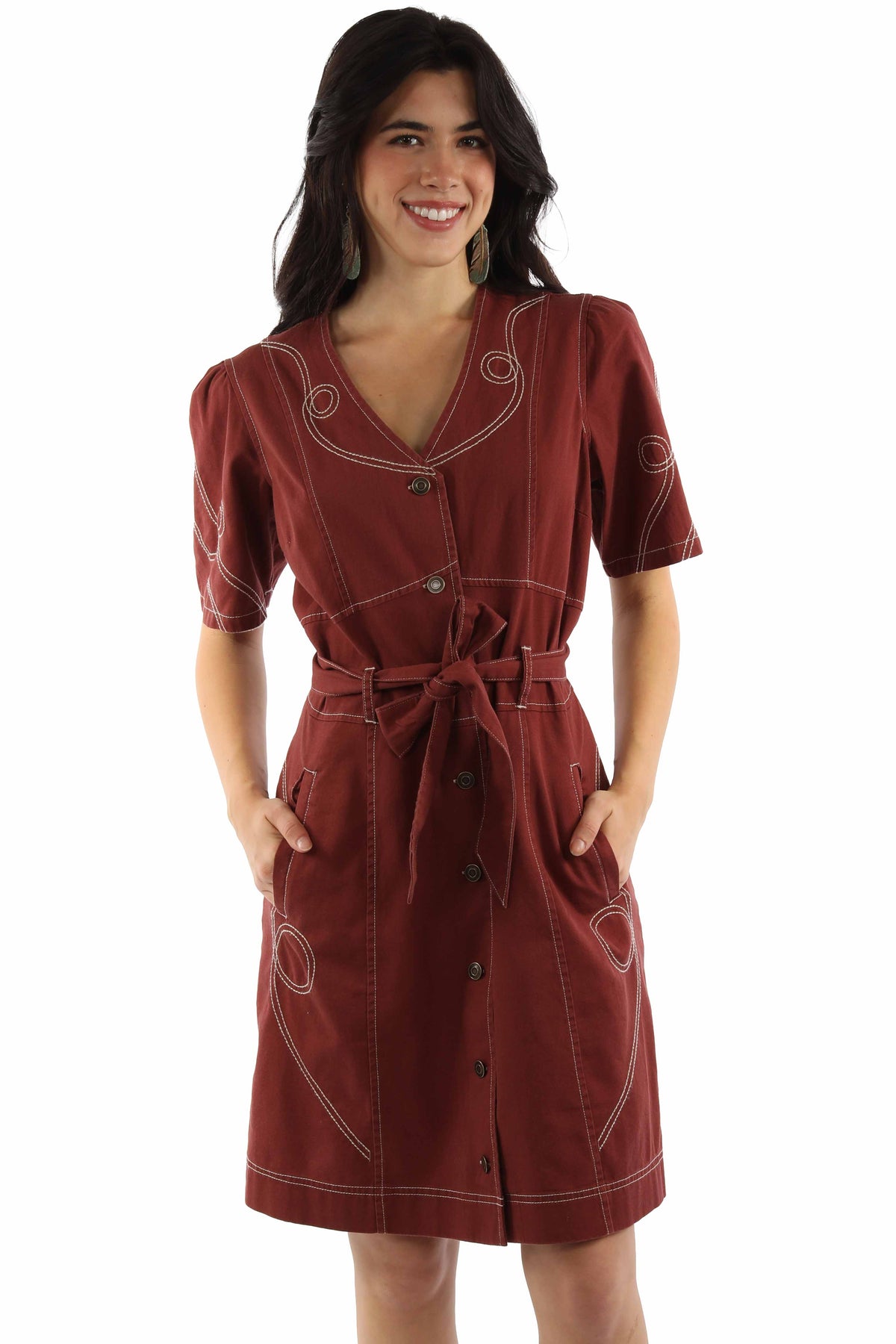 Scully Brown Emb. Button Front Belted Dress