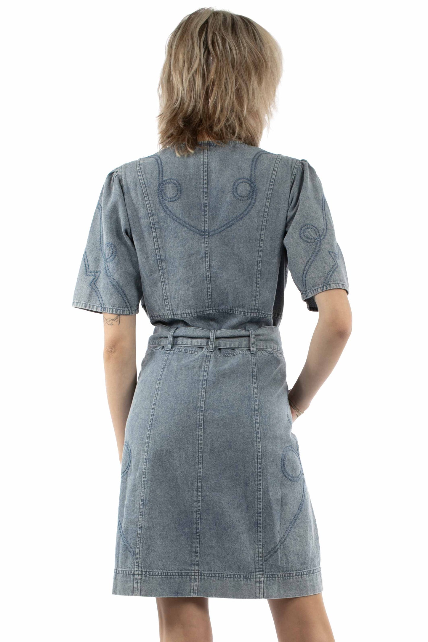 Scully Leather Light Blue Emb. Button Front Belted Dress - HC1013-LBL - Scully Leather - Flyclothing LLC
