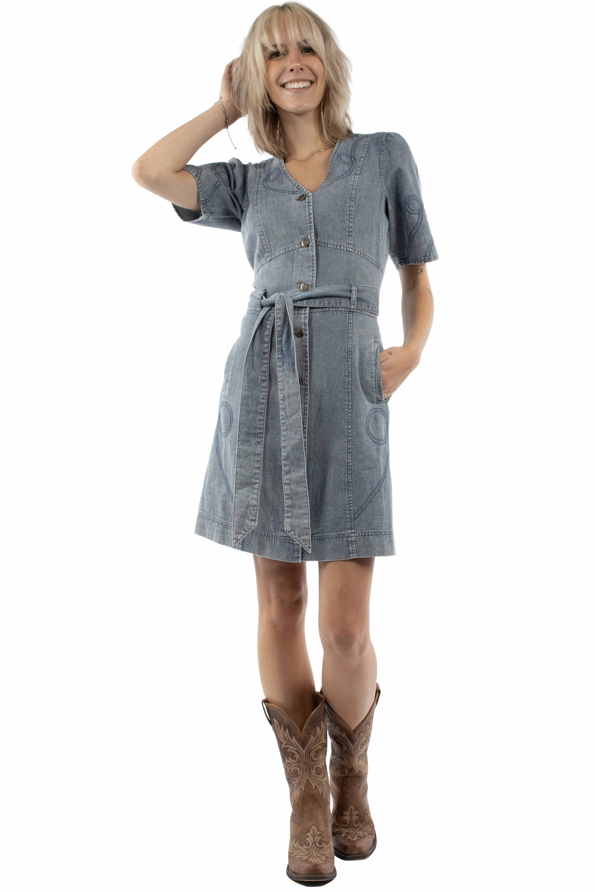 Scully Leather Light Blue Emb. Button Front Belted Dress - HC1013-LBL - Scully Leather - Flyclothing LLC