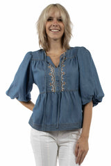 Scully Light Blue Embroidered Tie Front Blouse
