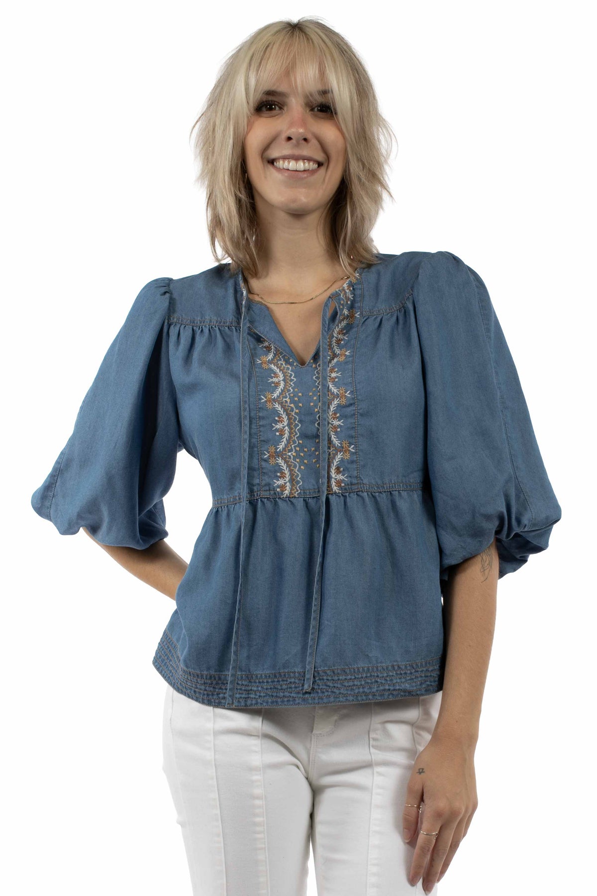 Scully Light Blue Embroidered Tie Front Blouse