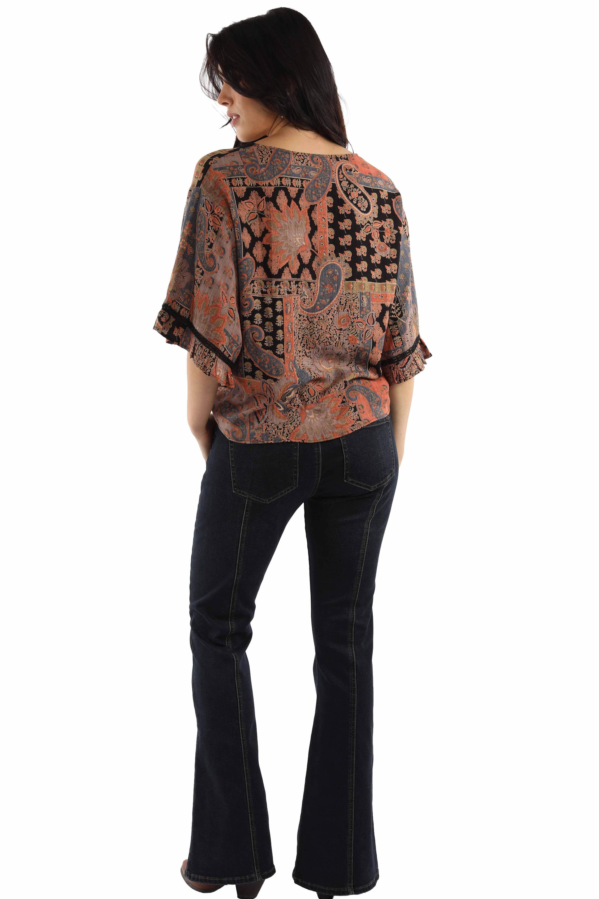 Scully Leather Black Rayon Paisley Print Tie Front Blouse - HC1042-BLK - Scully Leather - Flyclothing LLC