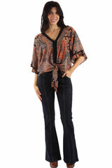 Scully Leather Black Rayon Paisley Print Tie Front Blouse - HC1042-BLK - Scully Leather - Flyclothing LLC