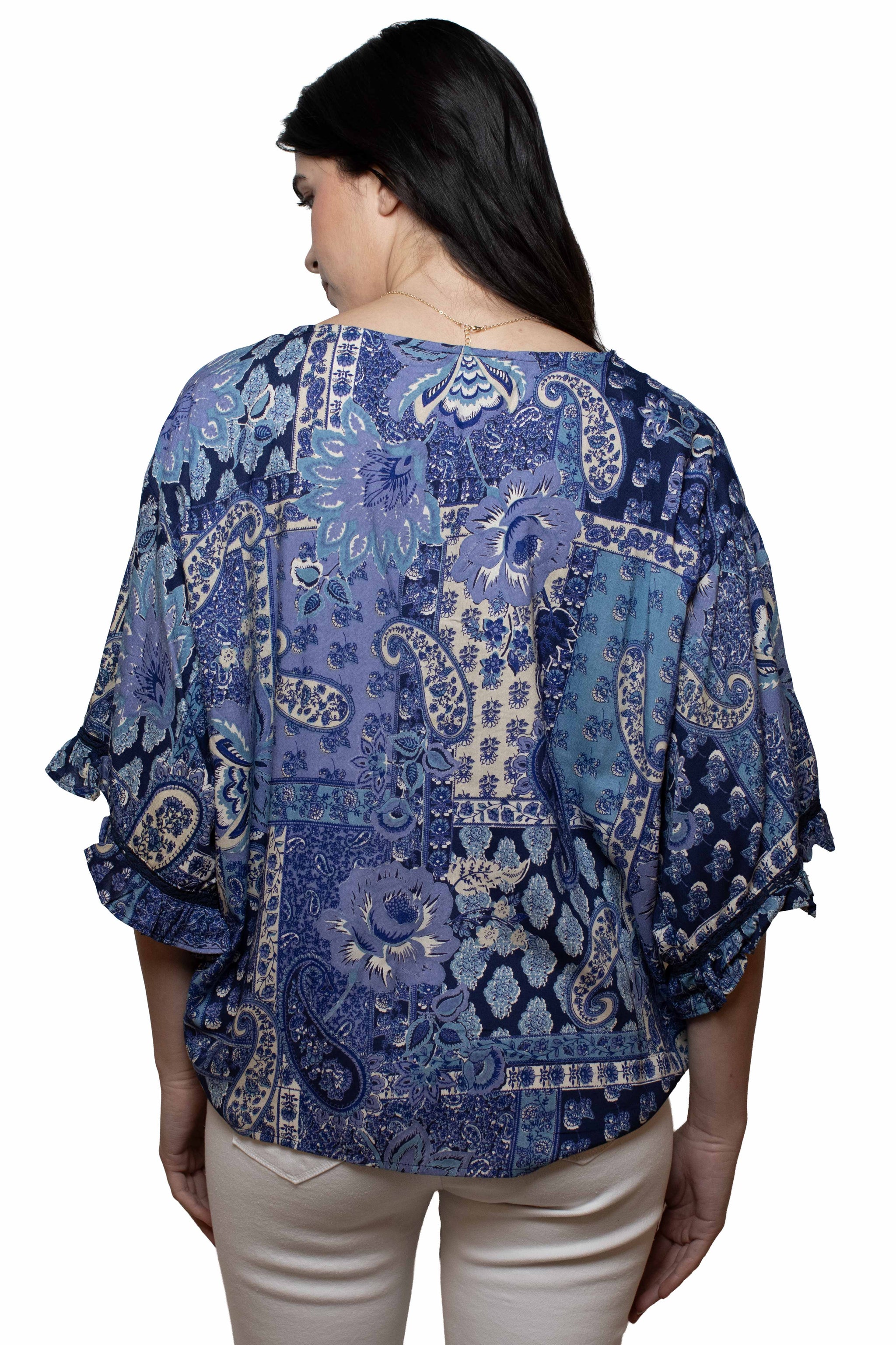 Scully Leather Blue Rayon Paisley Print Tie Front Blouse - HC1042-BLU - Scully Leather - Flyclothing LLC