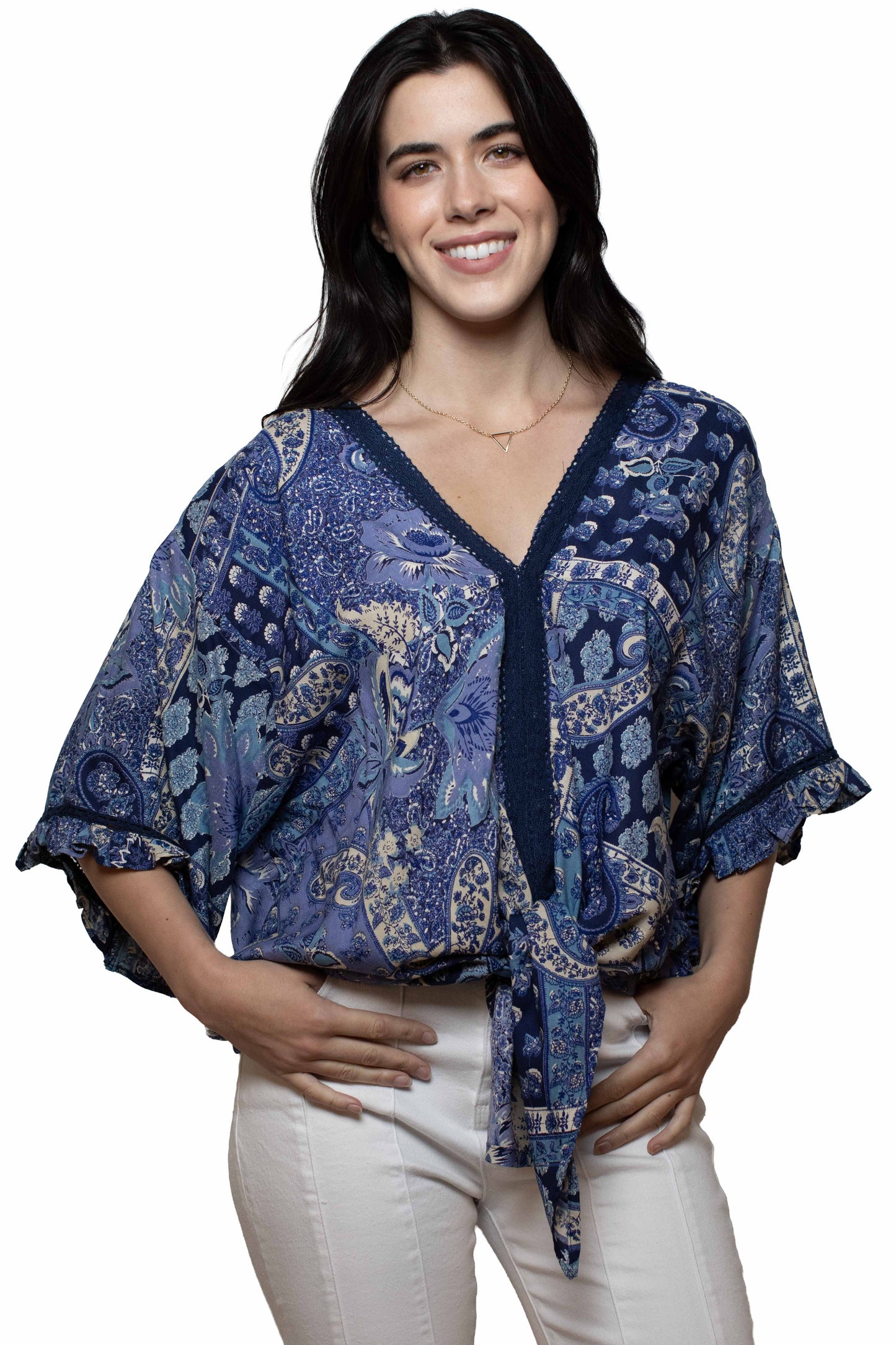 Scully Leather Blue Rayon Paisley Print Tie Front Blouse - HC1042-BLU - Scully Leather - Flyclothing LLC