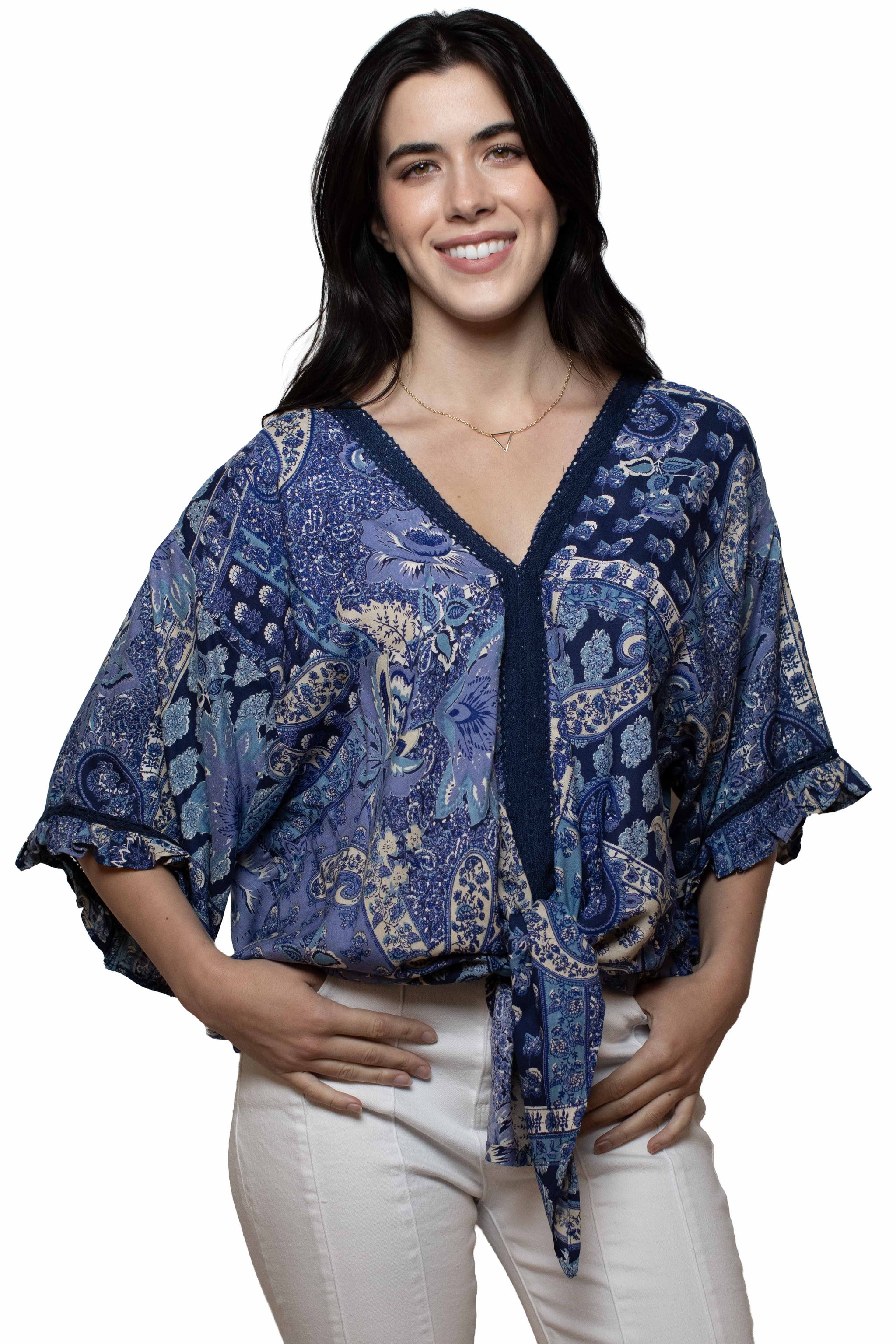 Scully Leather Blue Rayon Paisley Print Tie Front Blouse - HC1042-BLU - Scully Leather - Flyclothing LLC