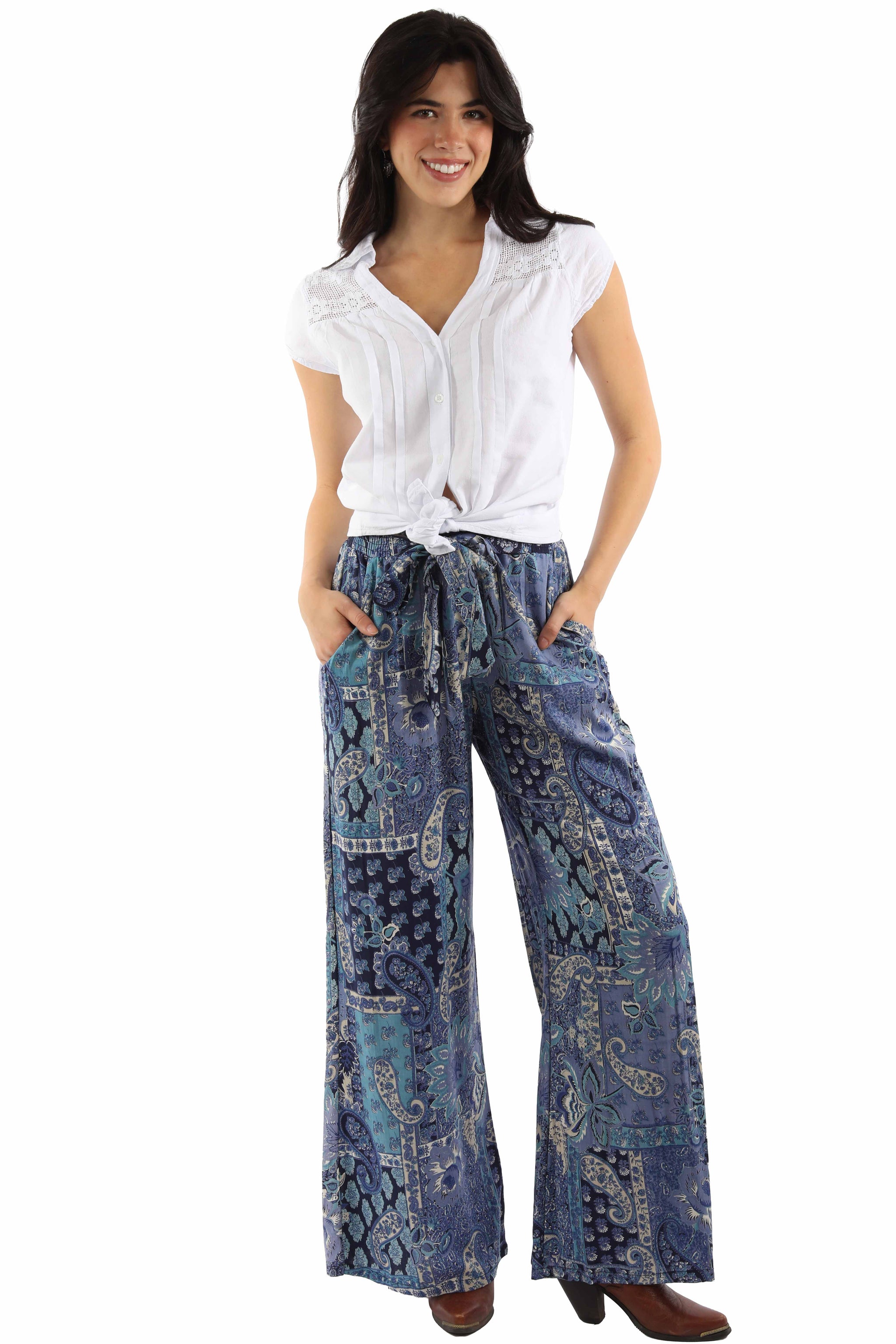 Scully Leather Blue Tie Front Palazzo Pant - HC1043-BLU - Scully Leather - Flyclothing LLC