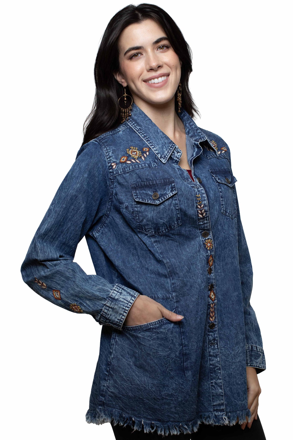 Scully Blue Layering Shirt W/Embroidery