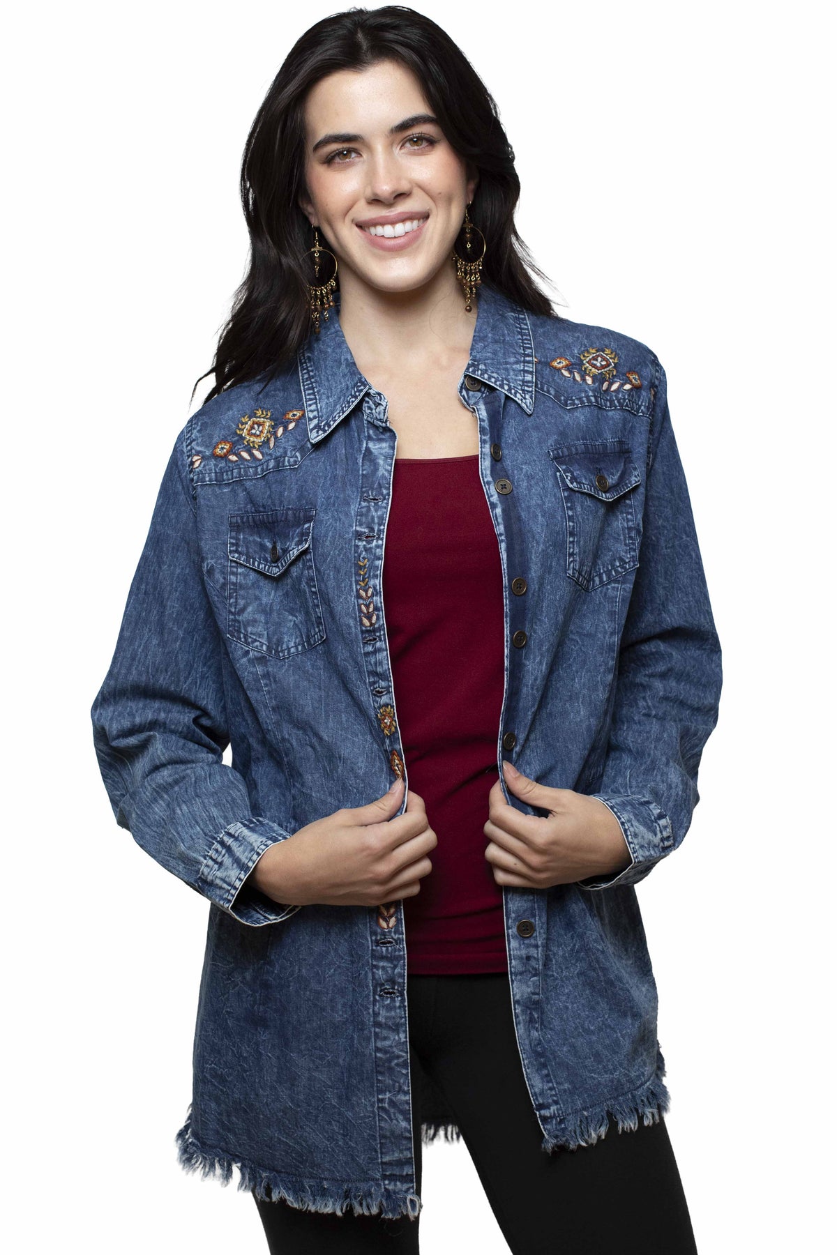 Scully Blue Layering Shirt W/Embroidery