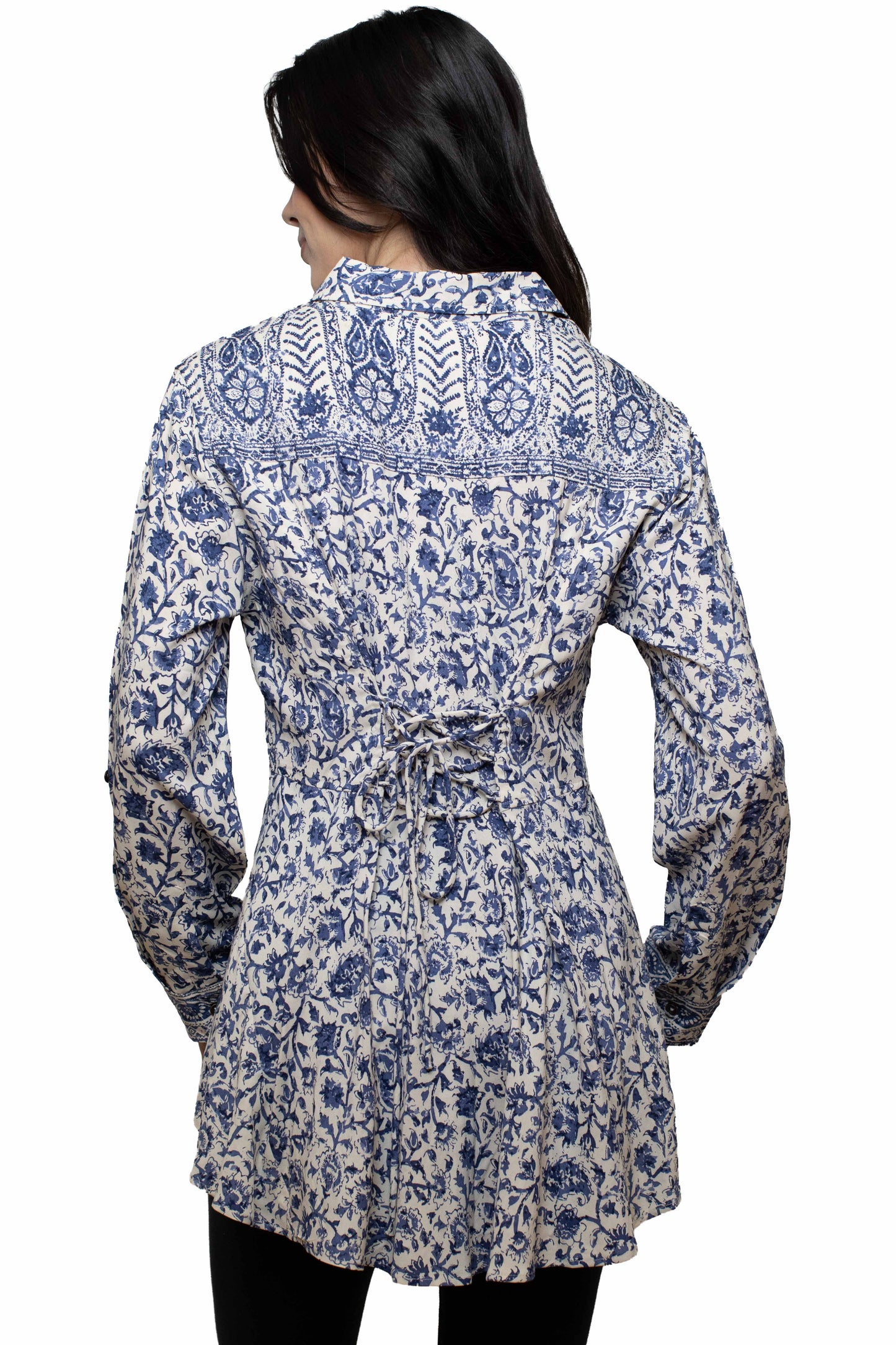 Scully Leather Blue Printed Blouse W/Lace Up Back - HC1056-BLU - Scully Leather - Flyclothing LLC