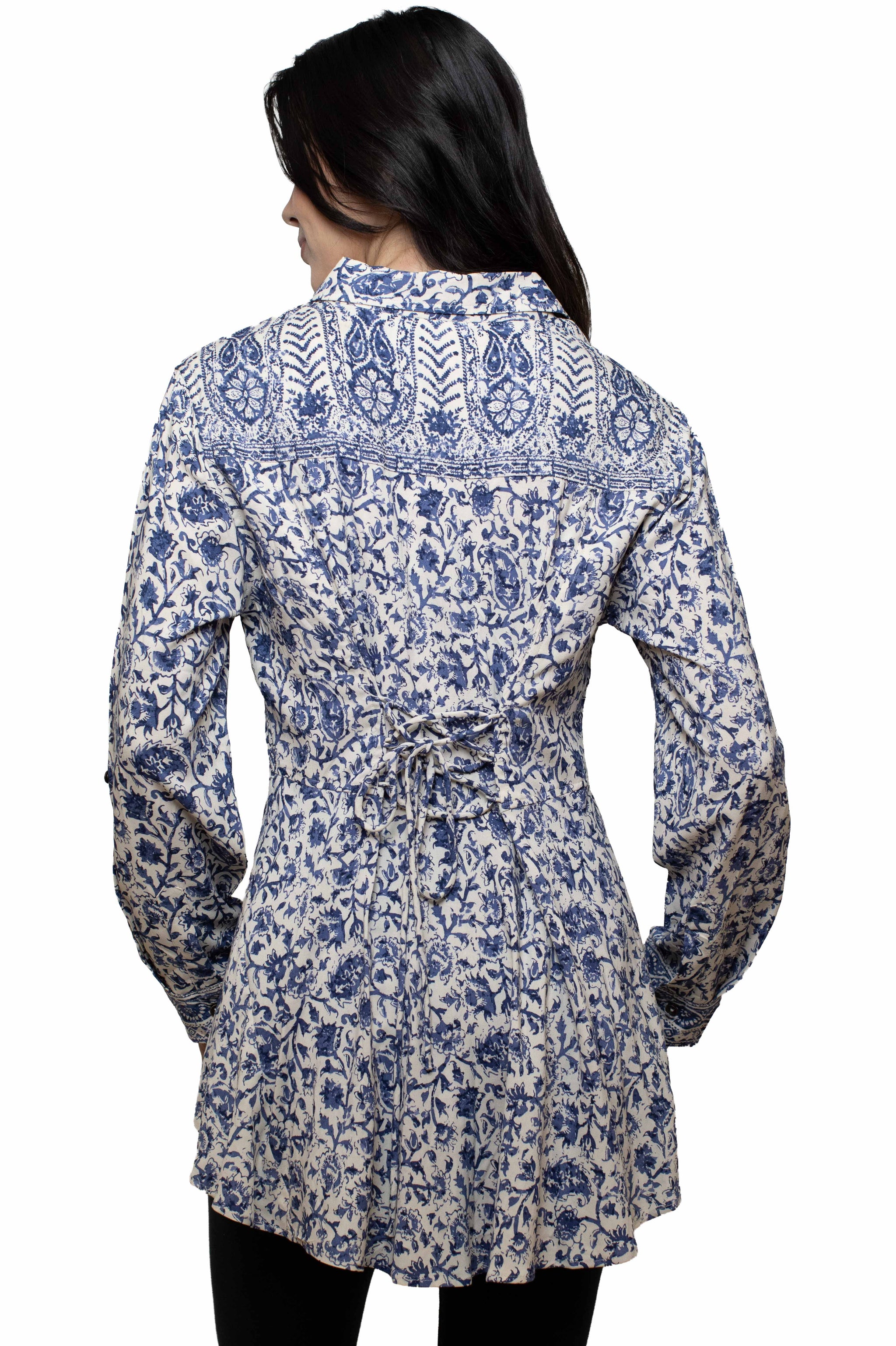 Scully Leather Blue Printed Blouse W/Lace Up Back - HC1056-BLU - Scully Leather - Flyclothing LLC