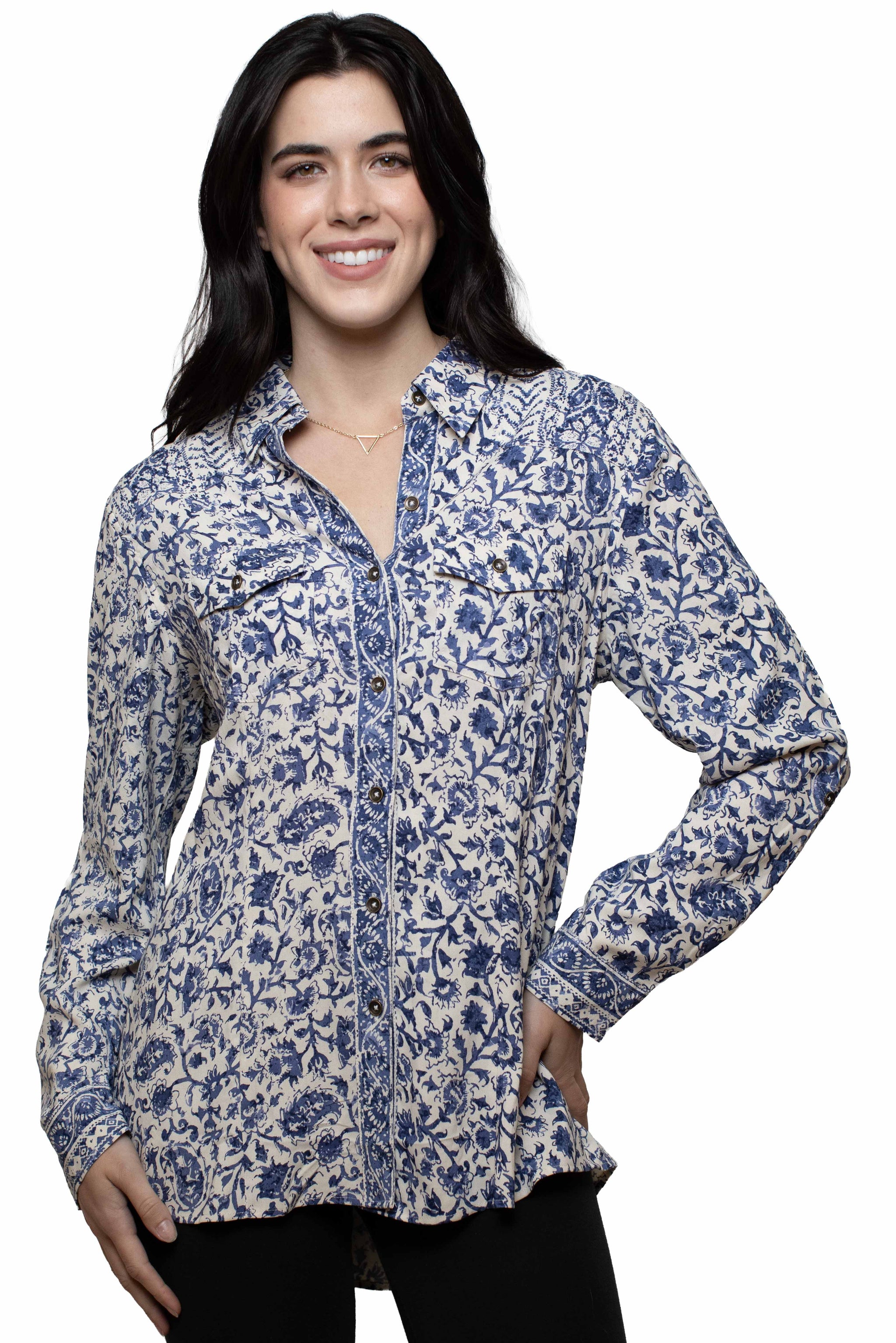 Scully Leather Blue Printed Blouse W/Lace Up Back - HC1056-BLU - Scully Leather - Flyclothing LLC