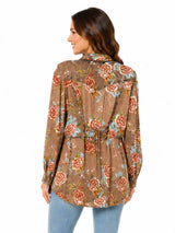 Scully Tan Floral Print Blouse W/Lace Up Back