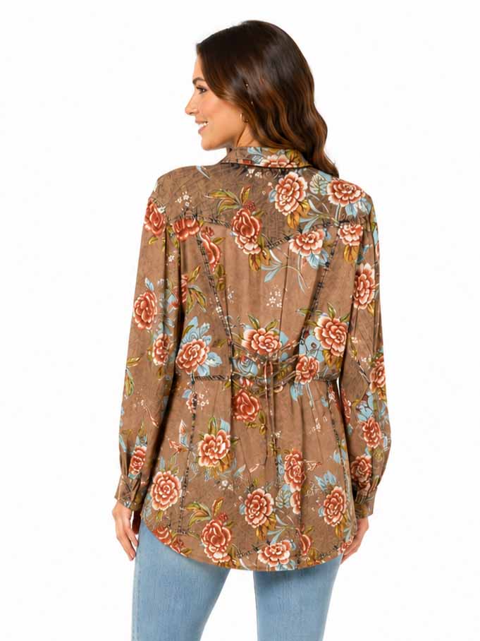Scully Tan Floral Print Blouse W/Lace Up Back