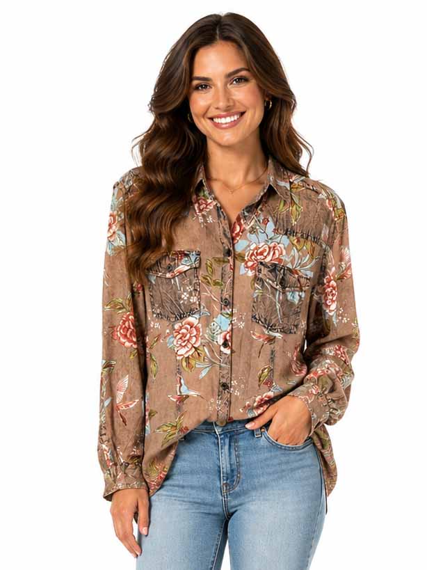 Scully Tan Floral Print Blouse W/Lace Up Back