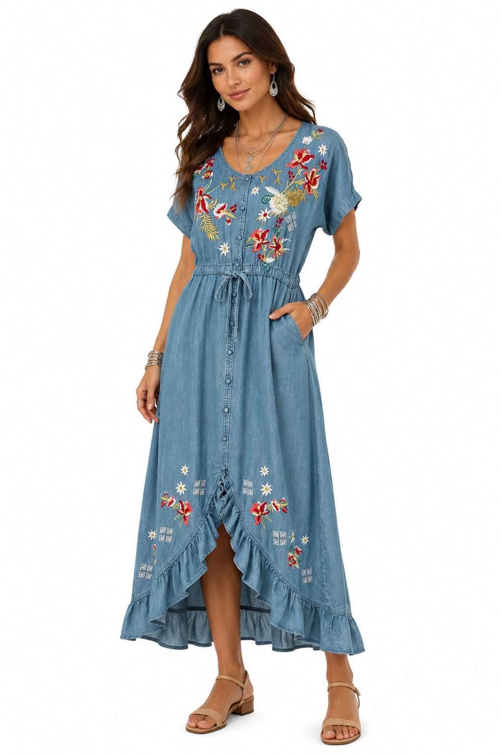 Scully Light Blue Hi/Lo Emb. Tencel Dress