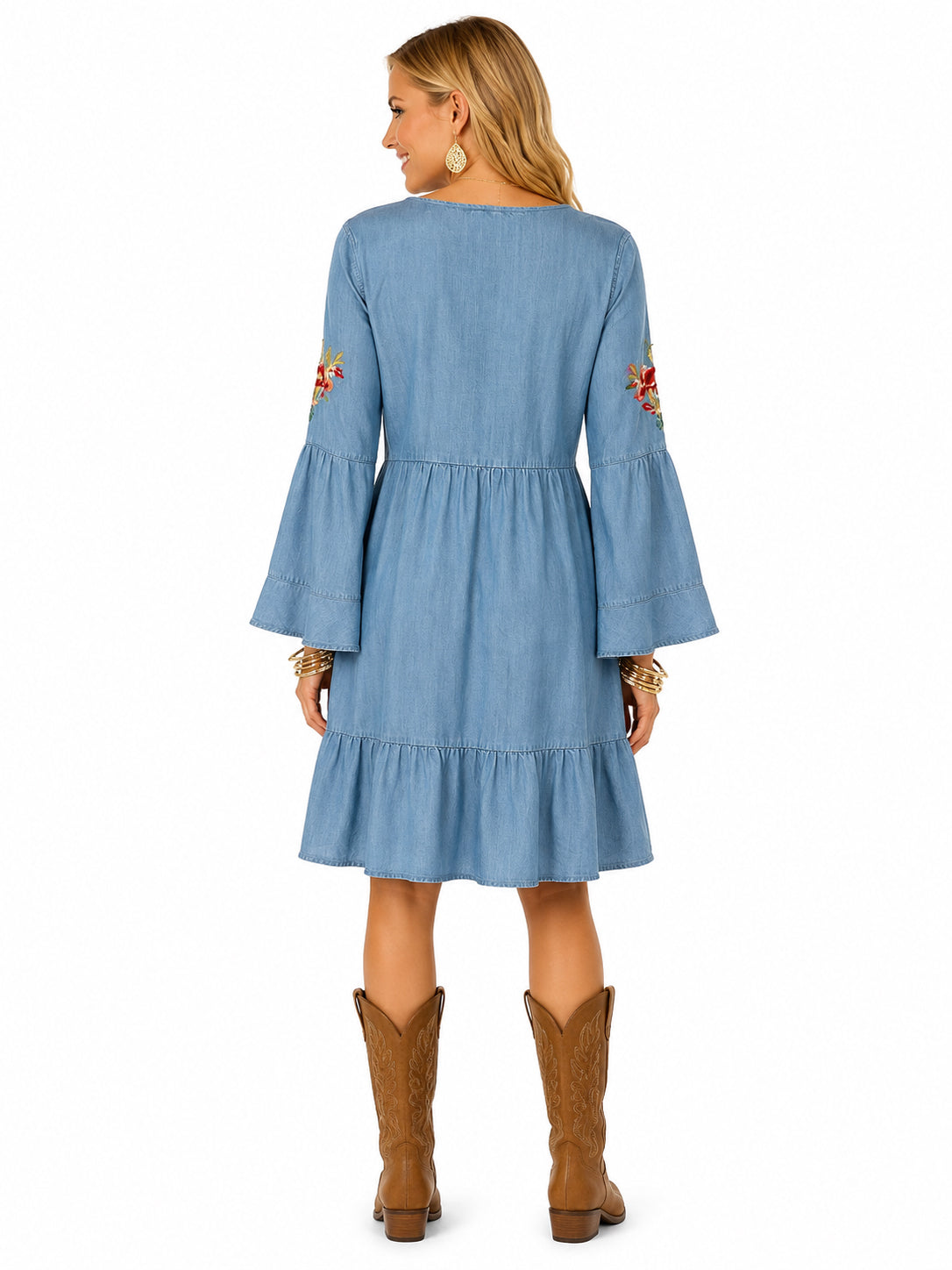 Scully Light Blue Emb. L/S Short Tencel Dress