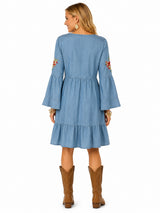 Scully Light Blue Emb. L/S Short Tencel Dress