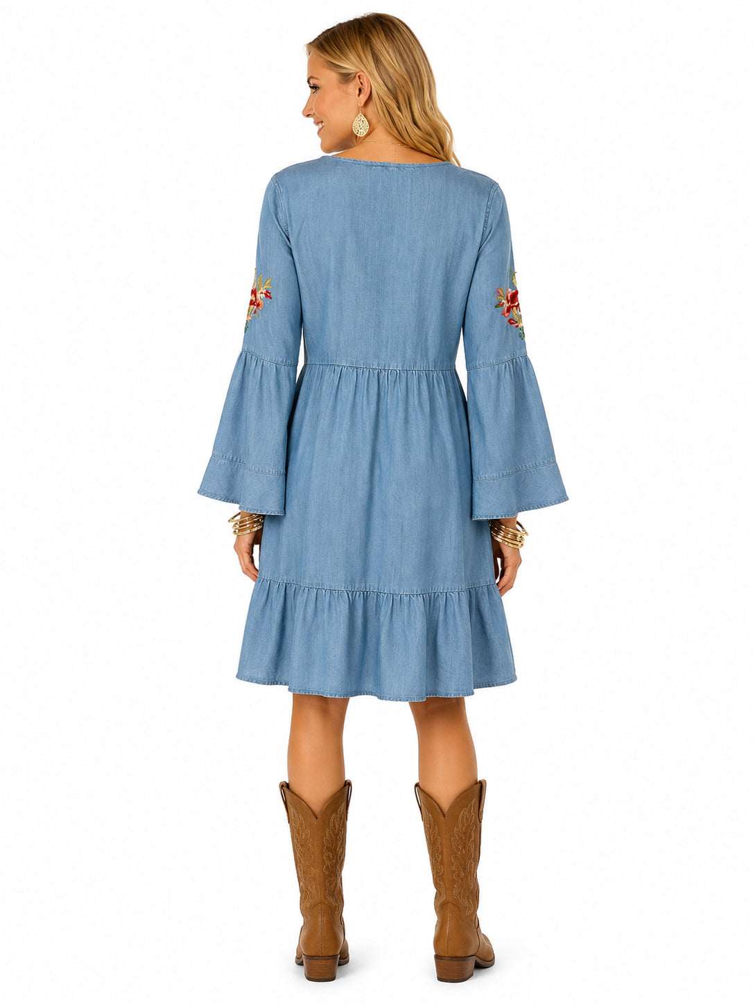 Scully Light Blue Emb. L/S Short Tencel Dress - Scully Leather - Flyclothing LLC