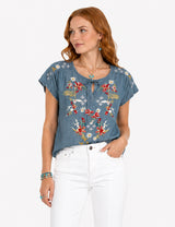 Scully Light Blue Tie Front Emb. Tencel Blouse