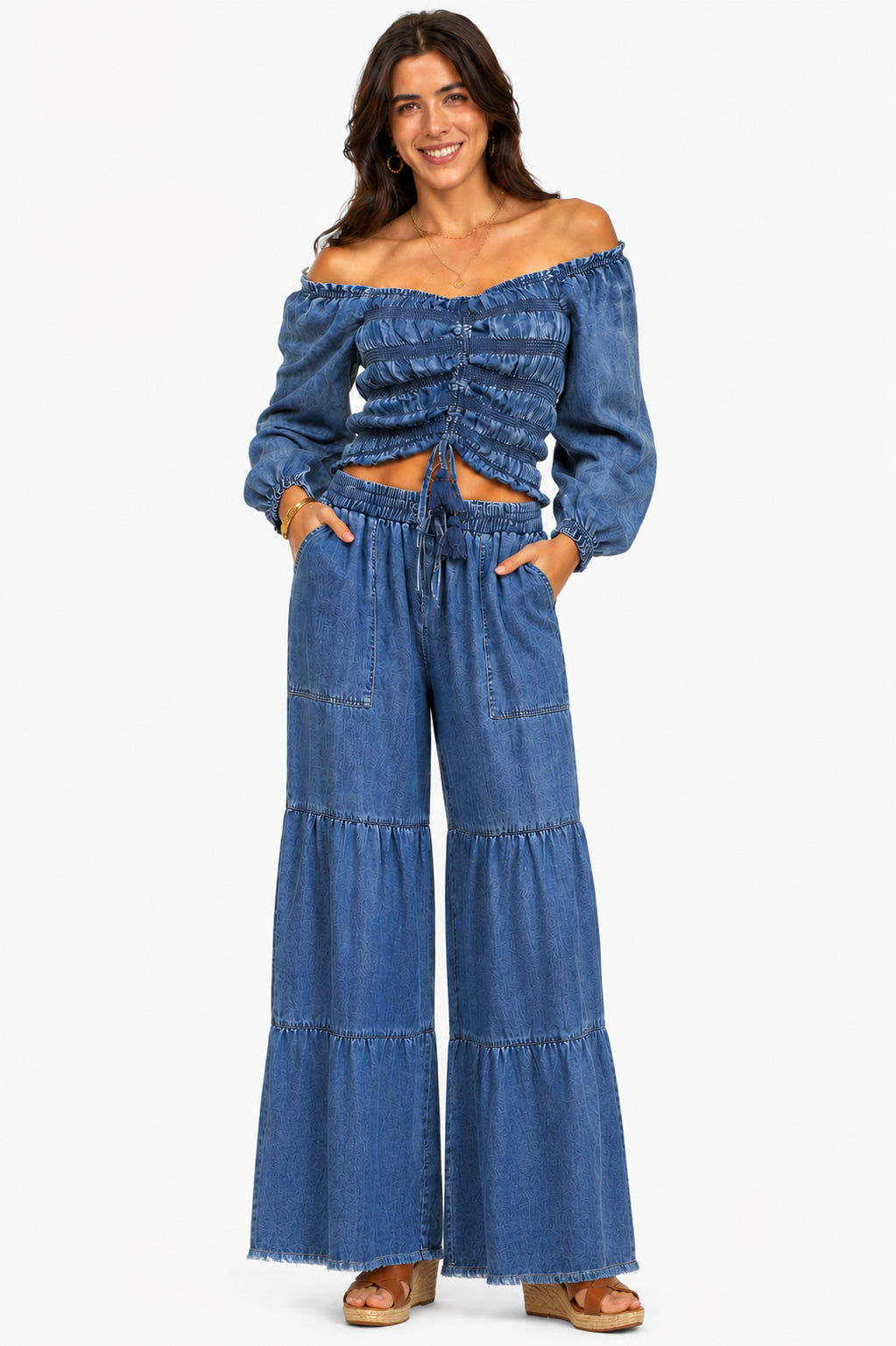 Scully Blue Tiered Palazzo Tencel Pants
