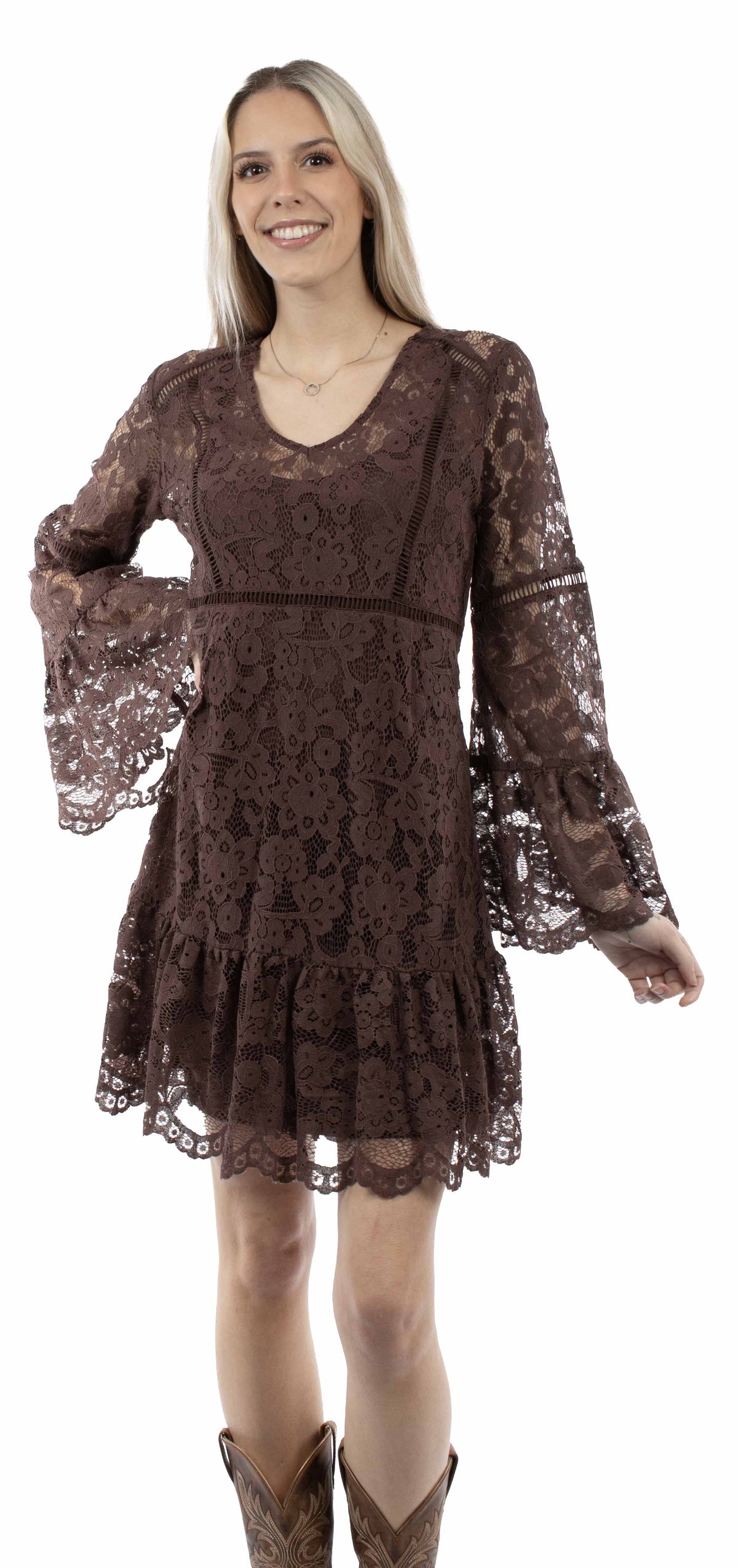 Scully Chocolate Lace Dress W/Flare Sleeves
